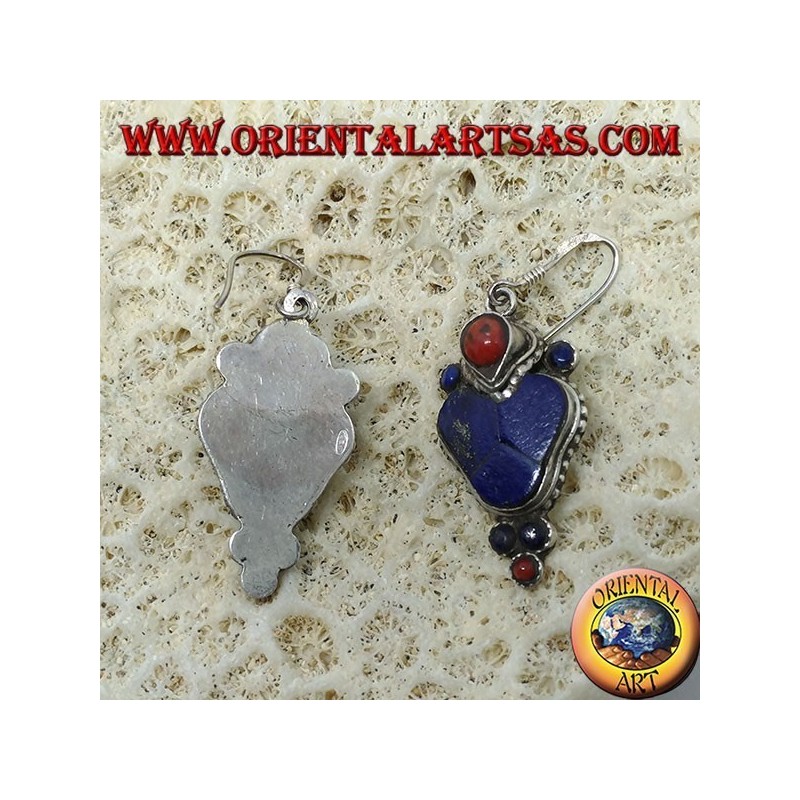Silver earrings with lapis lazuli and coral (Typical Nepalese earring in heart)