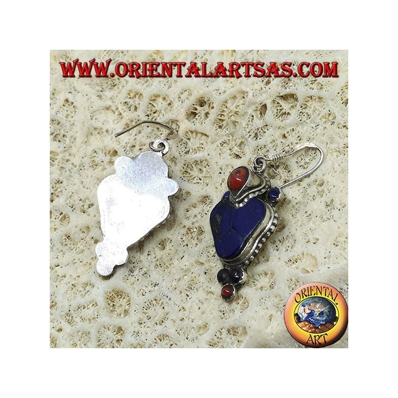 Silver earrings with lapis lazuli and coral (Typical Nepalese earring in heart)