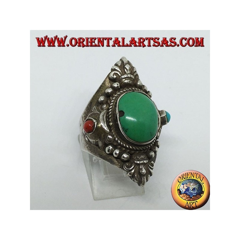 Anillo de plata 925 con turquesa tibetana antigua y coral con decoraciones.