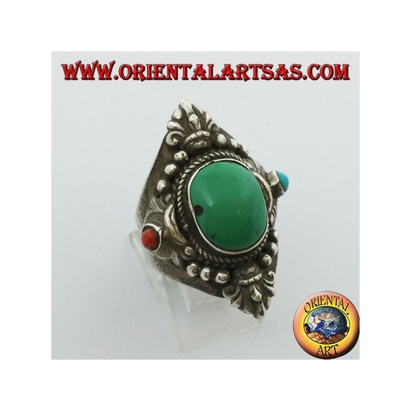 Anillo de plata 925 con turquesa tibetana antigua y coral con decoraciones.