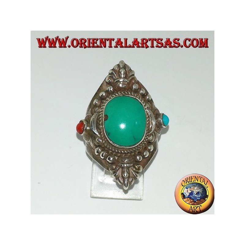 Anello in argento 925 con turchese antico Tibetano e corallo con decorazion