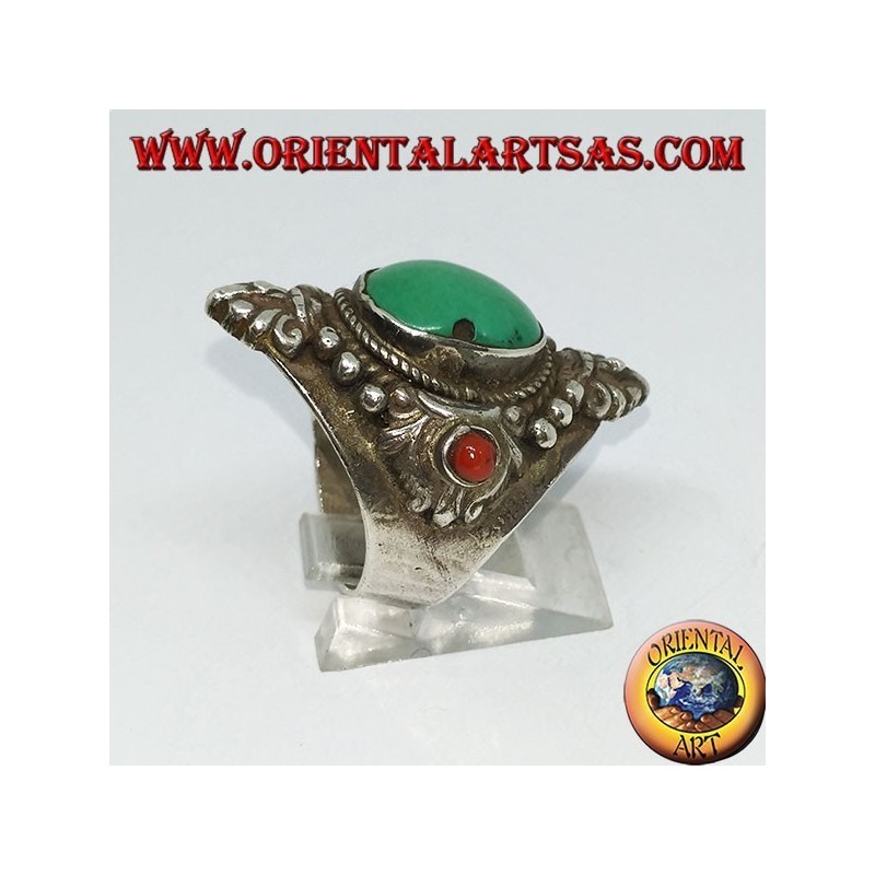 Anello in argento 925 con turchese antico Tibetano e corallo con decorazion