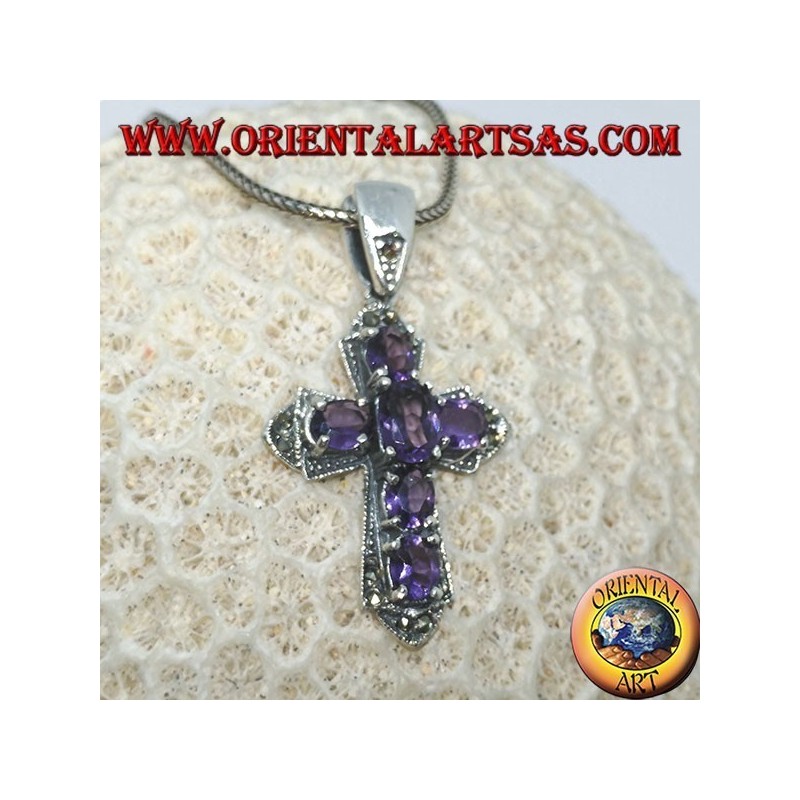 925 sterling silver cross pendant with six amethysts and marcasite – faith and elegance.