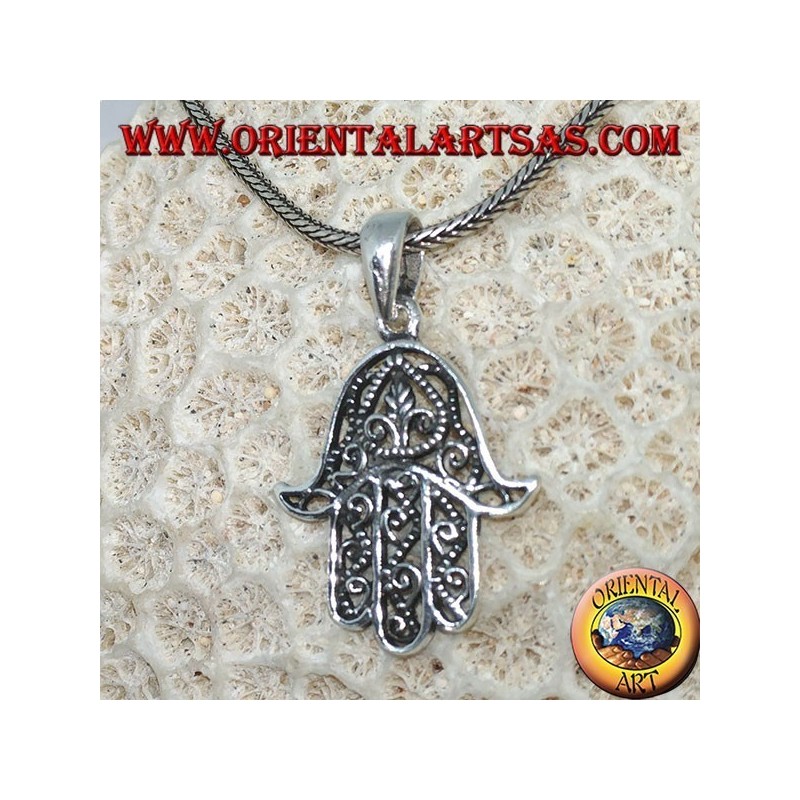 Ciondolo in argento a forma di mano di Fatima hamsa