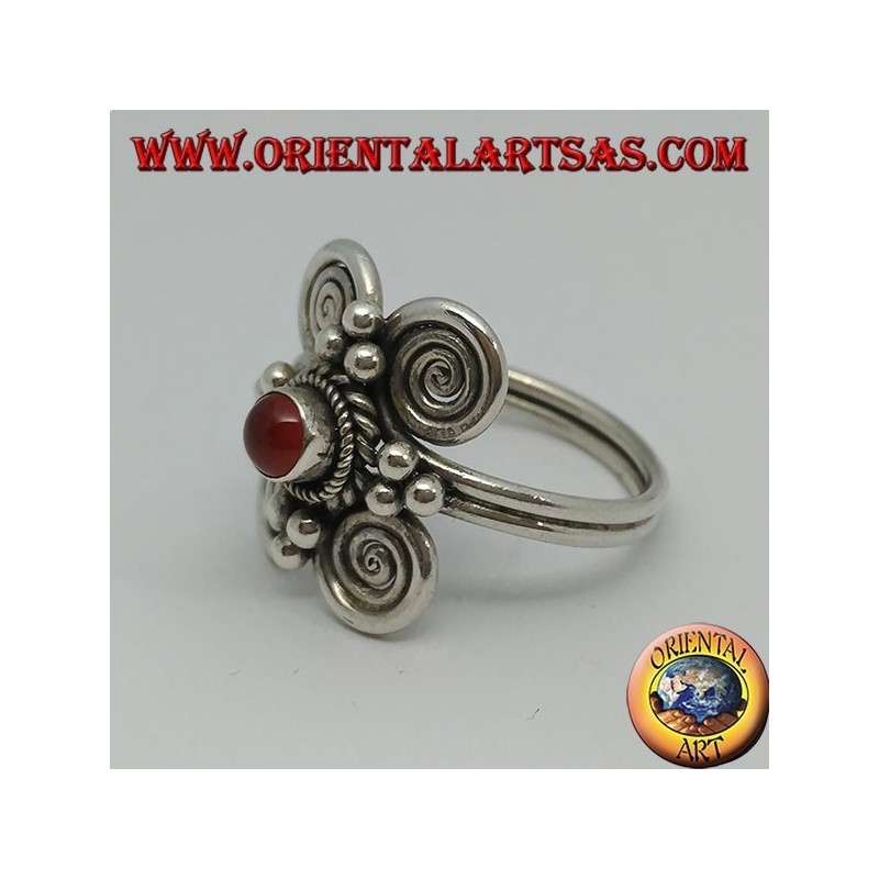 Silver ring with round carnelian and 4 spirals around