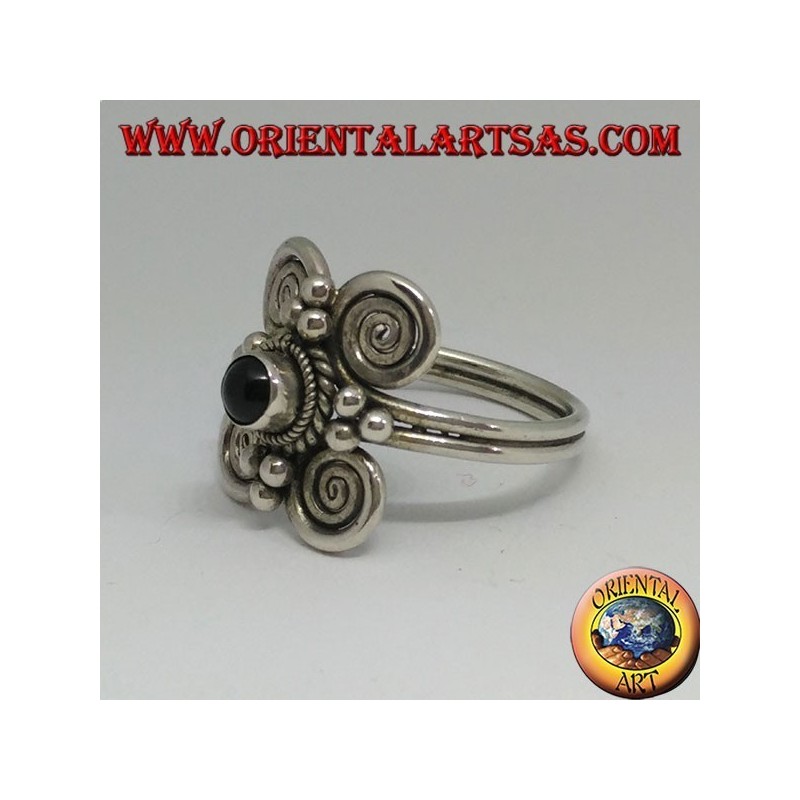 Silberring mit rundem Onyx und 4 Spiralen