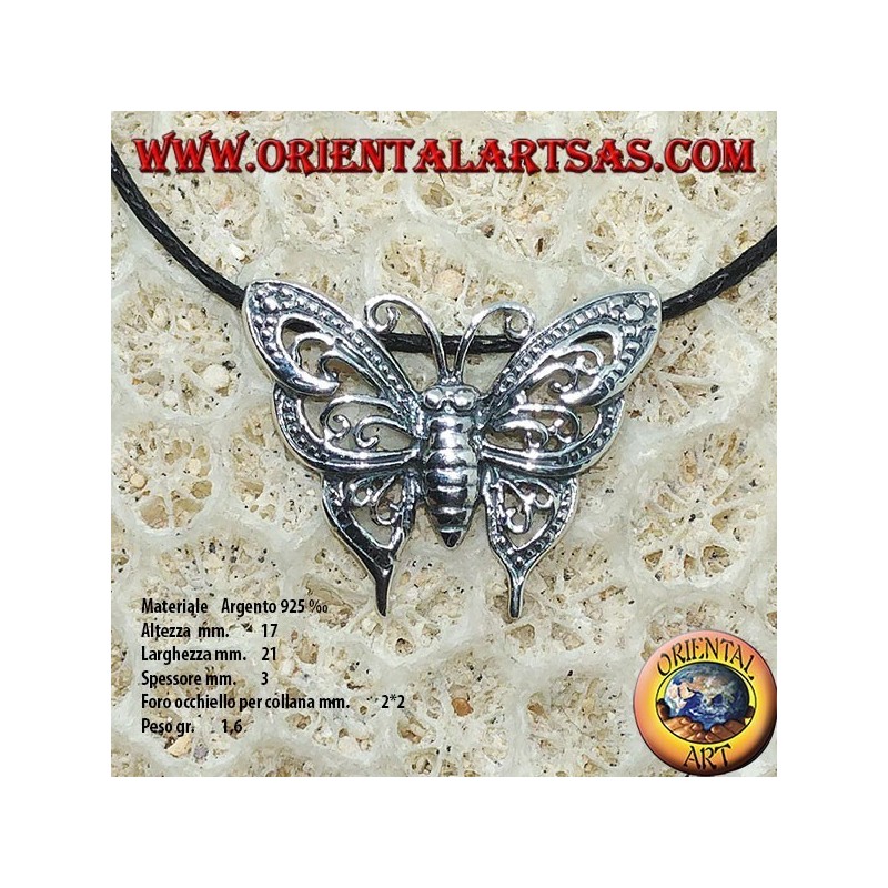 Silver pendant of a butterfly with two hooks for necklace