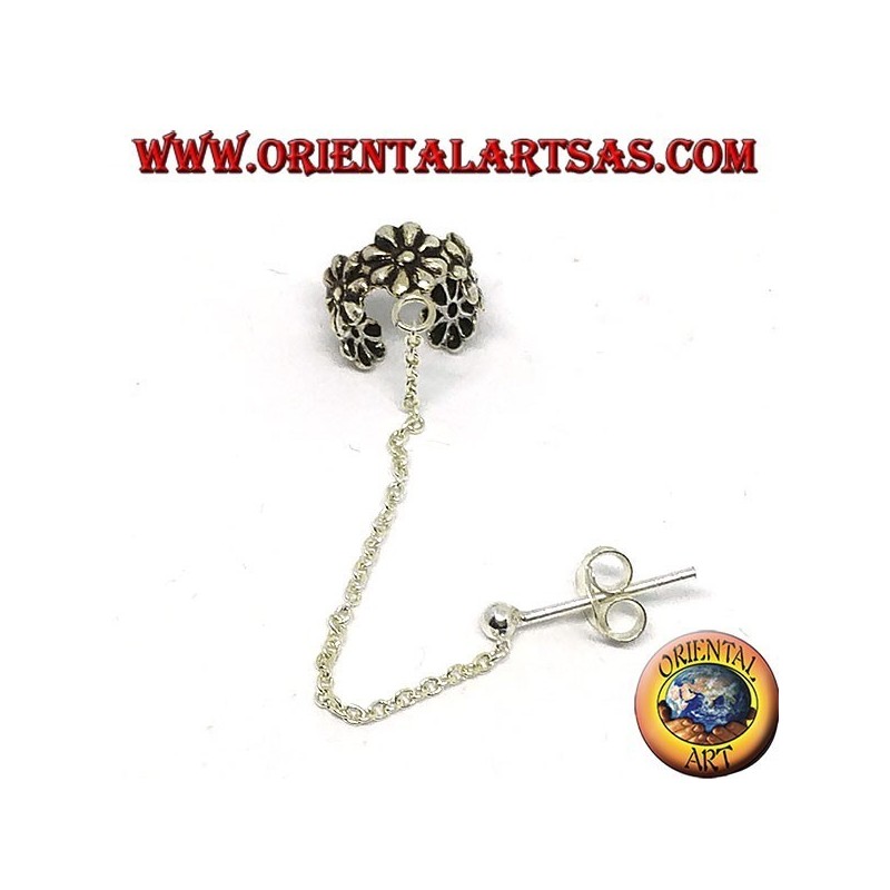 Boucle d'oreille manchette d'oreille avec chaine en argent, petites fleurs