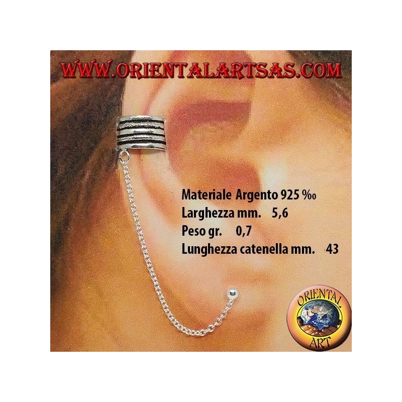 Boucle d'oreille manchette d'oreille avec chaîne en argent, bande rayée