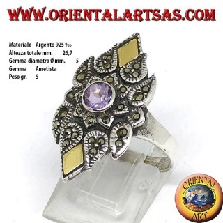 Bague en argent avec marcassite, améthyste naturelle ronde et feuilles d'or