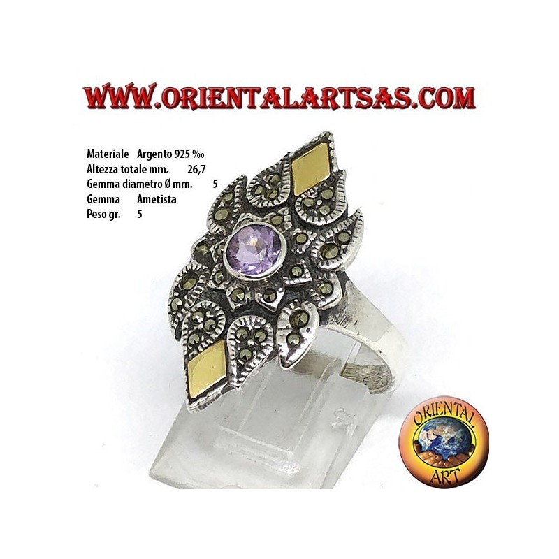Anillo de plata con marcasita, amatista natural redonda y láminas de oro.