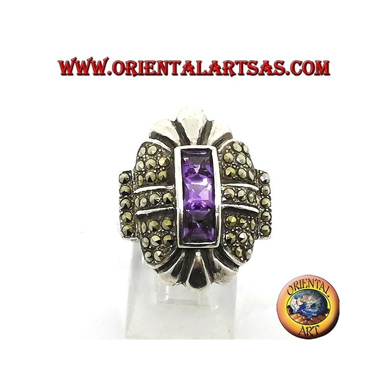 Silver ring with marcasite and three square amethysts in a row in the center