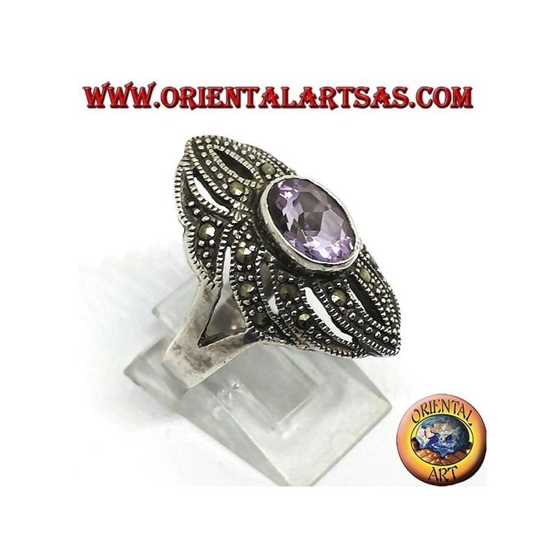 Anello in argento con marcasite e ametista ovale naturale