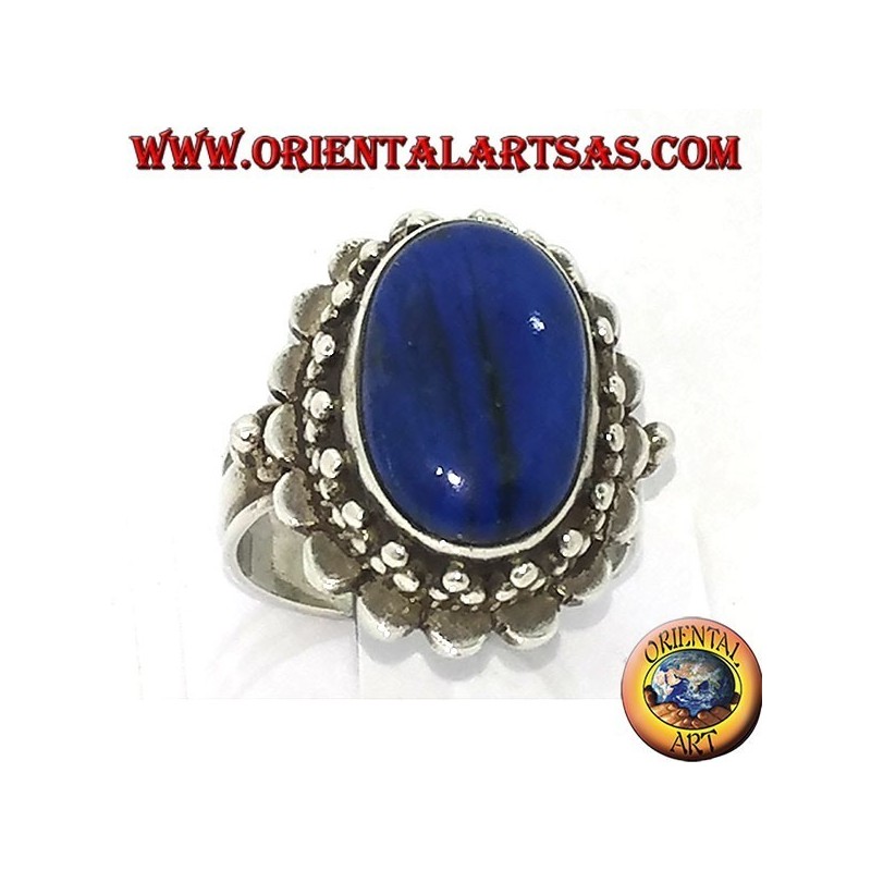 Anello in argento con lapislazzulo ovale grande contornata di palline