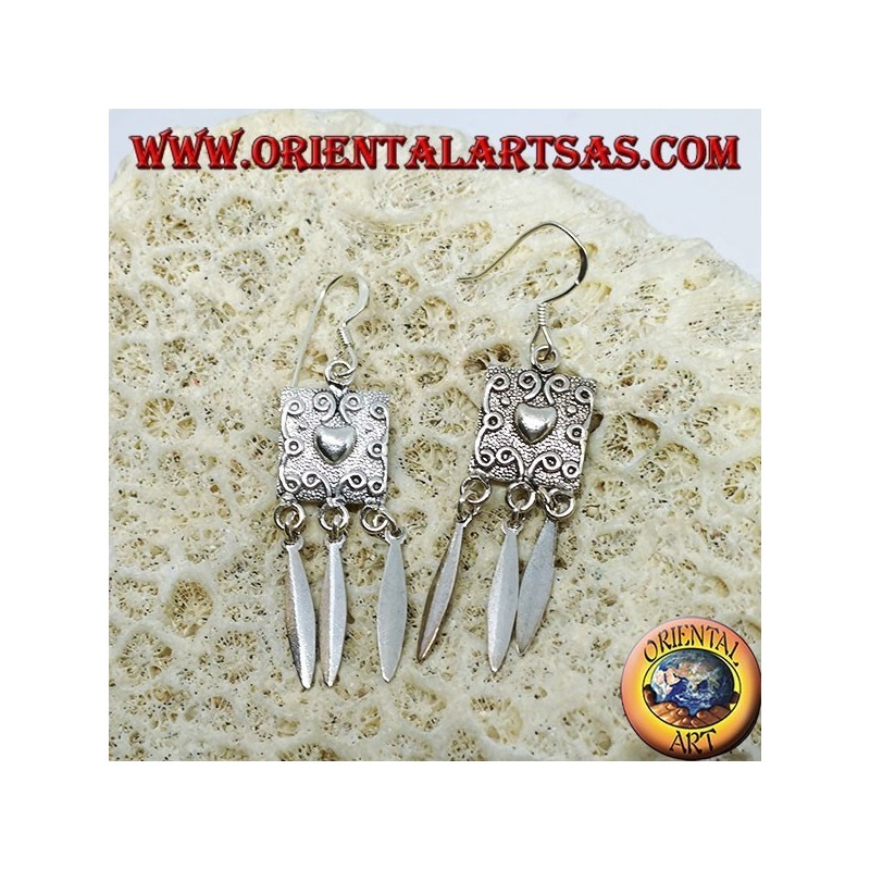 Boucles d'oreilles en argent, bouclier de coeur et pendentifs