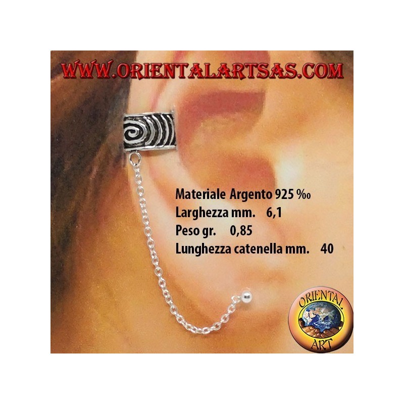 Orecchino Ear Cuff con catenella in argento 925‰, fascetta spirale cesellata