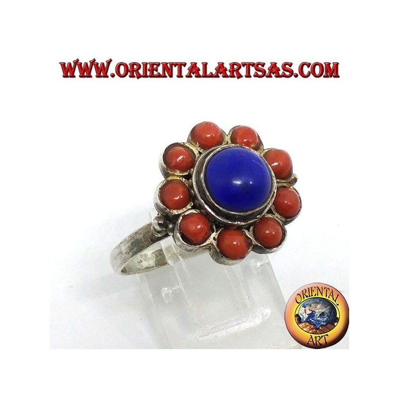 Bague en argent 925 flower fleur de lapis lazuli naturel central et décorée de coraux naturels