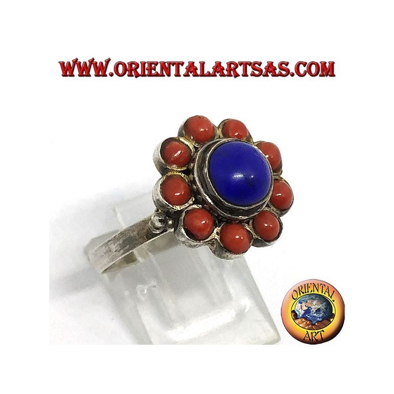 Ring aus 925 ‰ silberner Blume aus zentralem natürlichen Lapislazuli und mit natürlichen Korallen verziert
