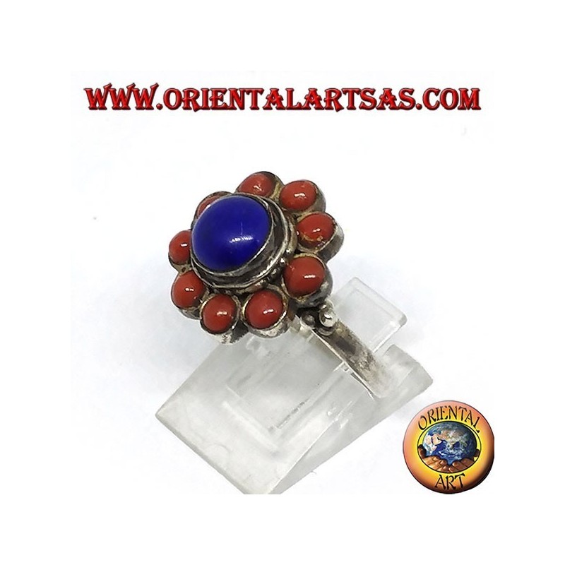Ring in 925 ‰ silver flower of central natural lapis lazuli and decorated with natural corals