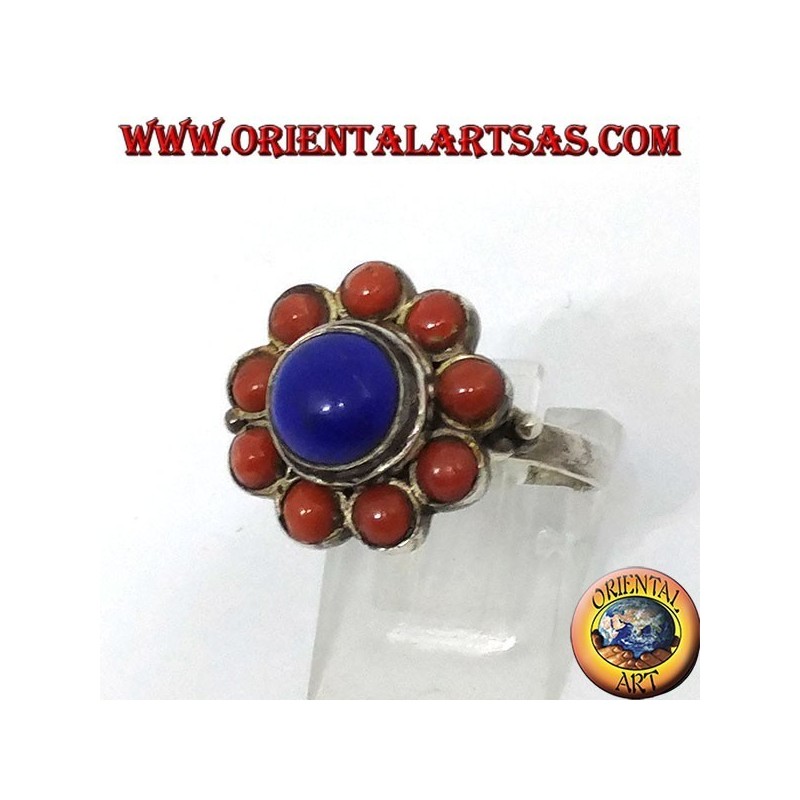 Ring aus 925 ‰ silberner Blume aus zentralem natürlichen Lapislazuli und mit natürlichen Korallen verziert