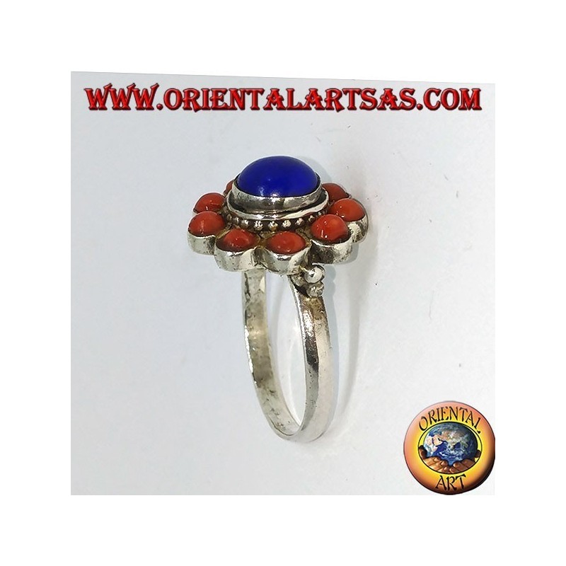Anello in argento 925‰ fiorellino di lapislazzulo naturale centrale ed ornata di coralli naturali