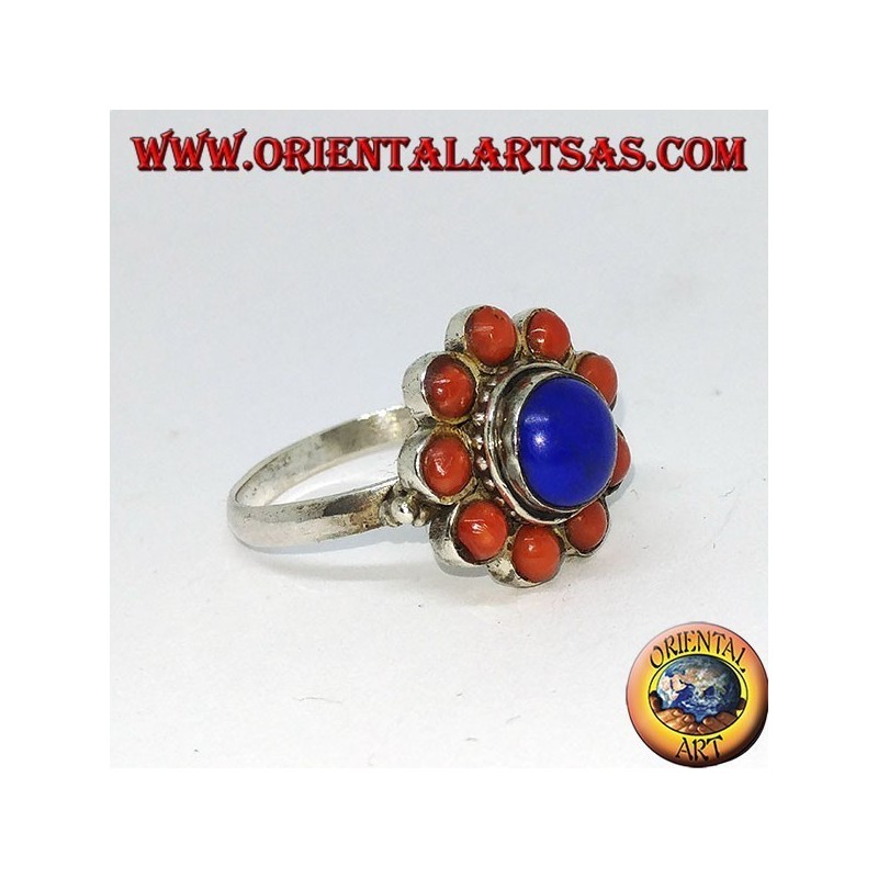 Ring in 925 ‰ silver flower of central natural lapis lazuli and decorated with natural corals
