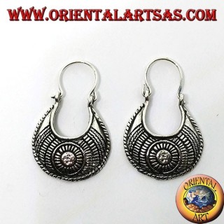 Carved silver earrings with a carved bag of ethnic style