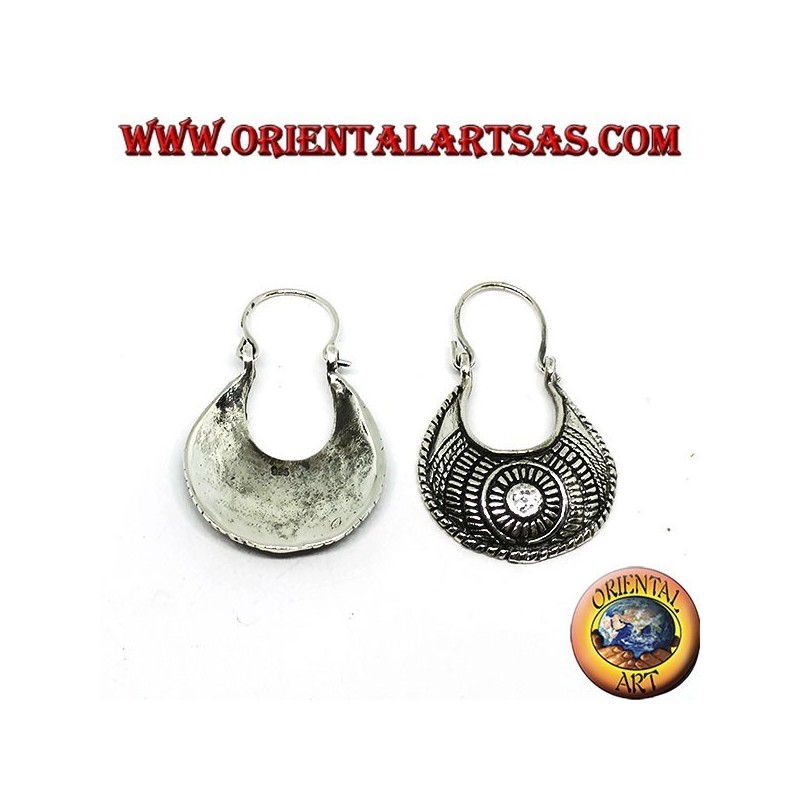 Carved silver earrings with a carved bag of ethnic style