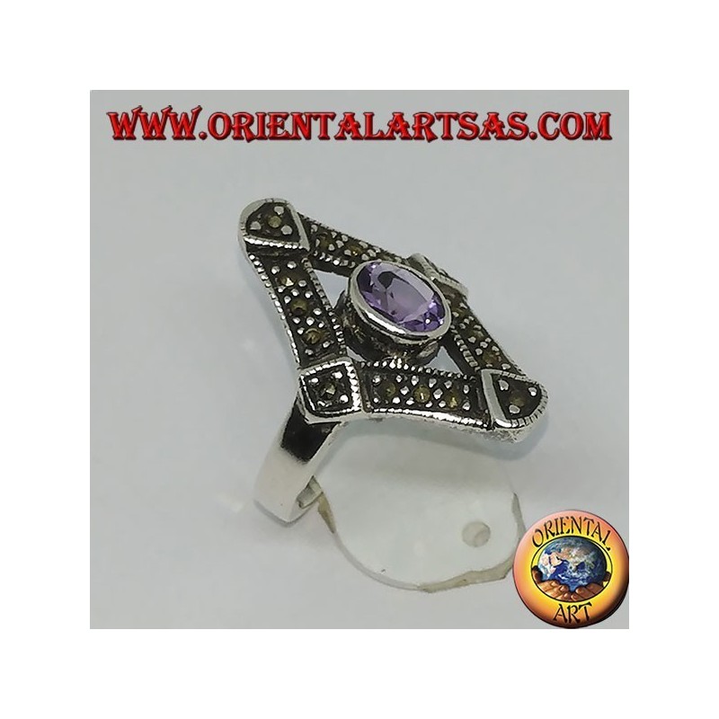 Silberring in Raute mit Markasit und natürlichem ovalen Amethyst