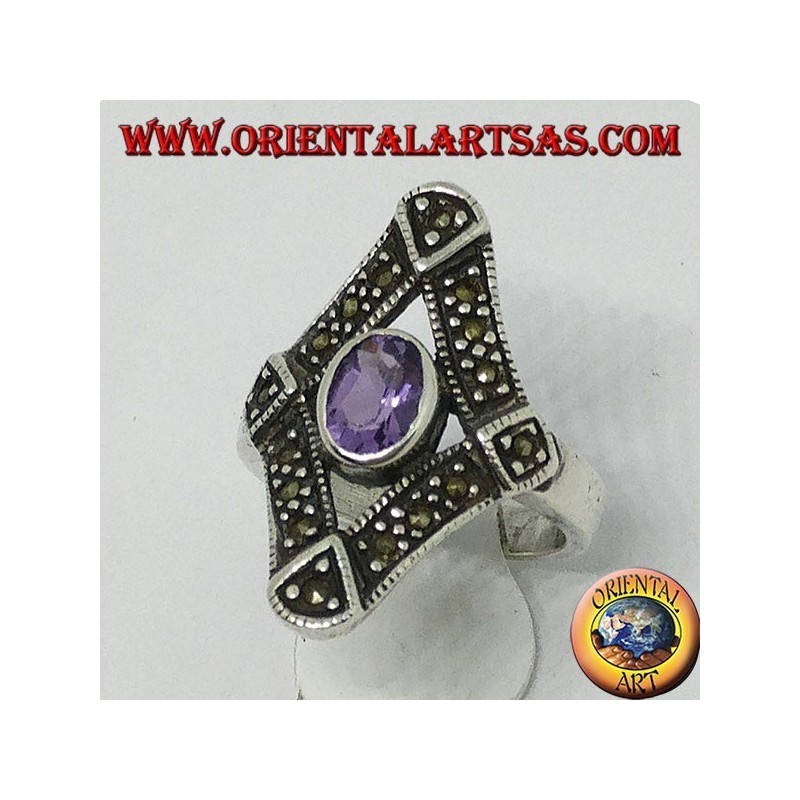 Anello in argento a rombo con marcasite e ametista ovale naturale