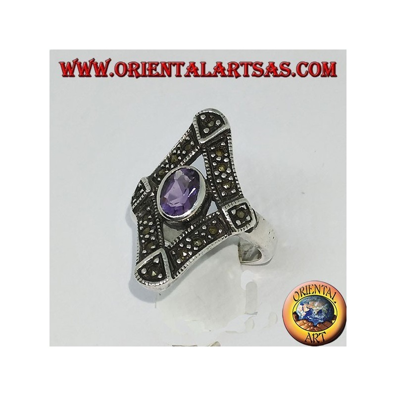 Silberring in Raute mit Markasit und natürlichem ovalen Amethyst