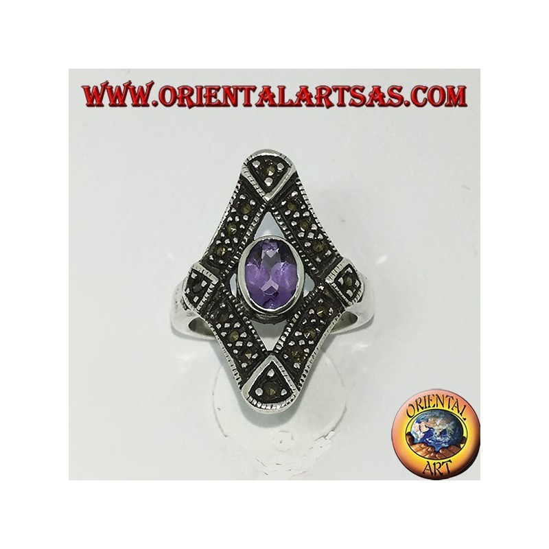 Silver ring in rhombus with marcasite and natural oval amethyst