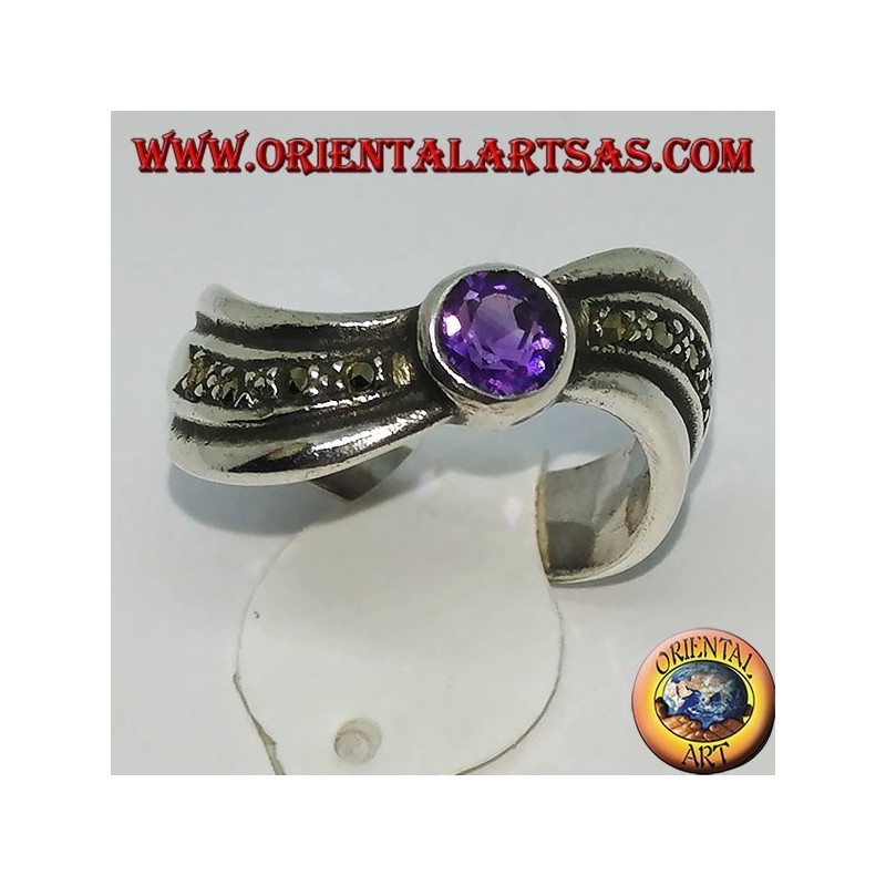 Ring in 925 argento silver wavy with marcasite and natural round amethyst