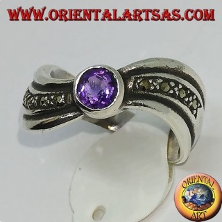 Ring aus 925 Argento Silber gewellt mit Markasit und natürlichem rundem Amethyst