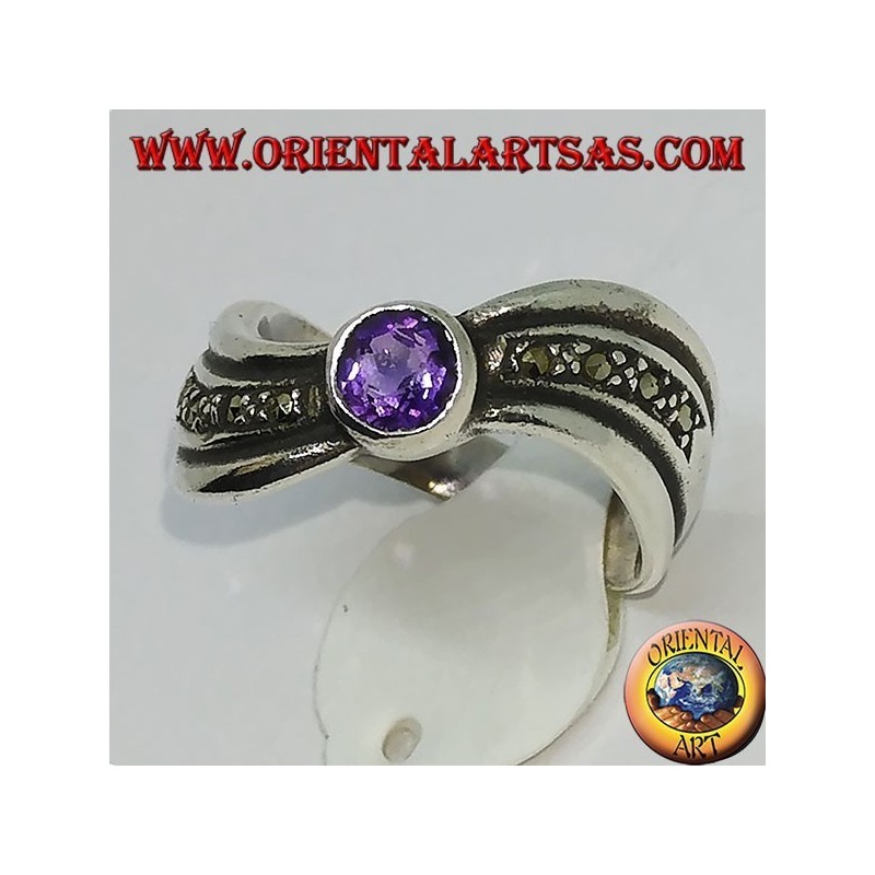 Ring in 925 argento silver wavy with marcasite and natural round amethyst