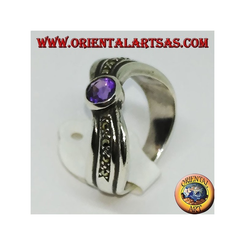 Ring in 925 argento silver wavy with marcasite and natural round amethyst