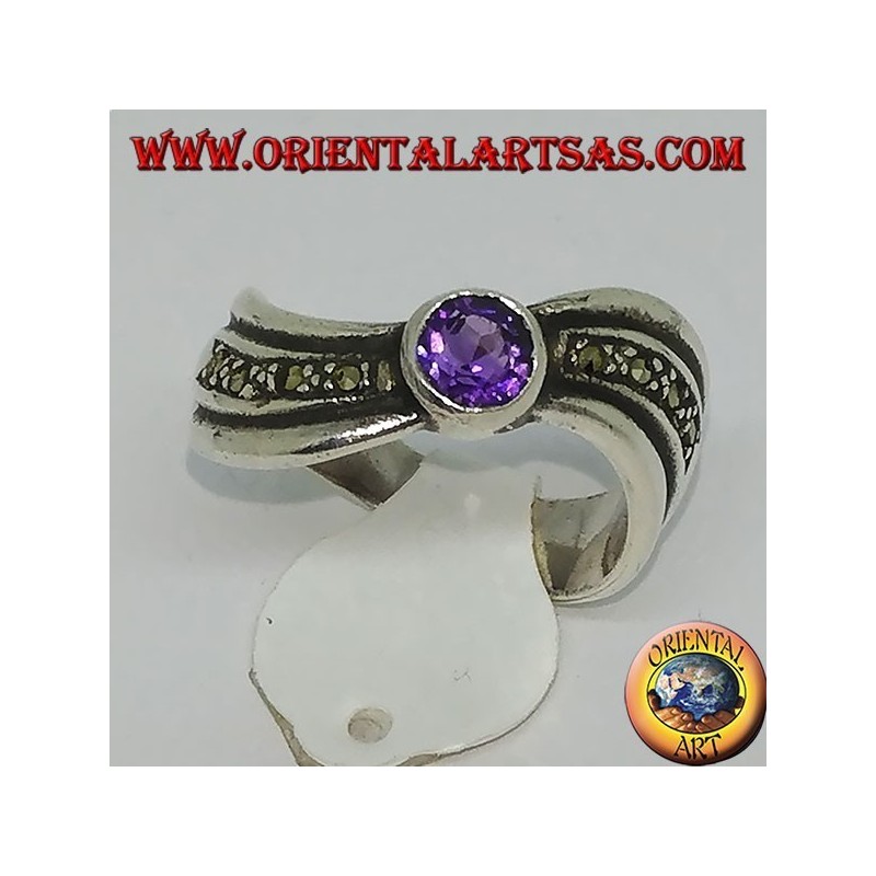 Ring aus 925 Argento Silber gewellt mit Markasit und natürlichem rundem Amethyst