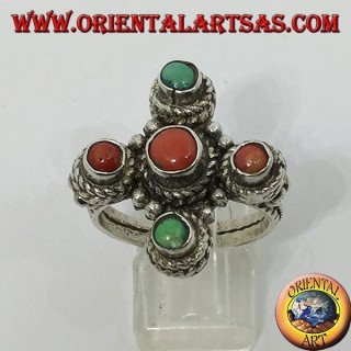 Silver ring in the shape of a cross with natural corals and turquoise
