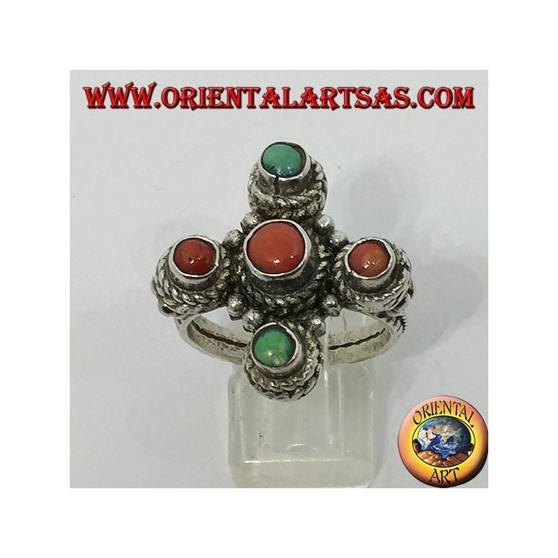 Silver ring in the shape of a cross with natural corals and turquoise