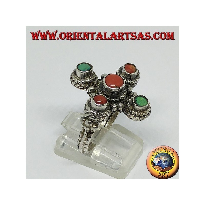 Silver ring in the shape of a cross with natural corals and turquoise