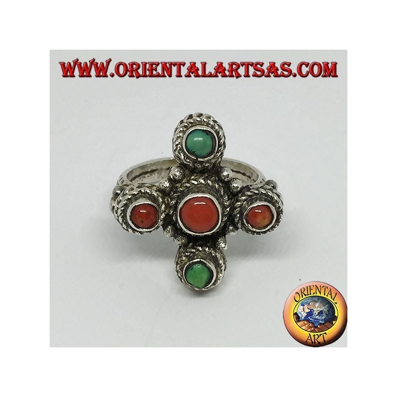 Bague en argent en forme de croix avec coraux naturels et turquoise