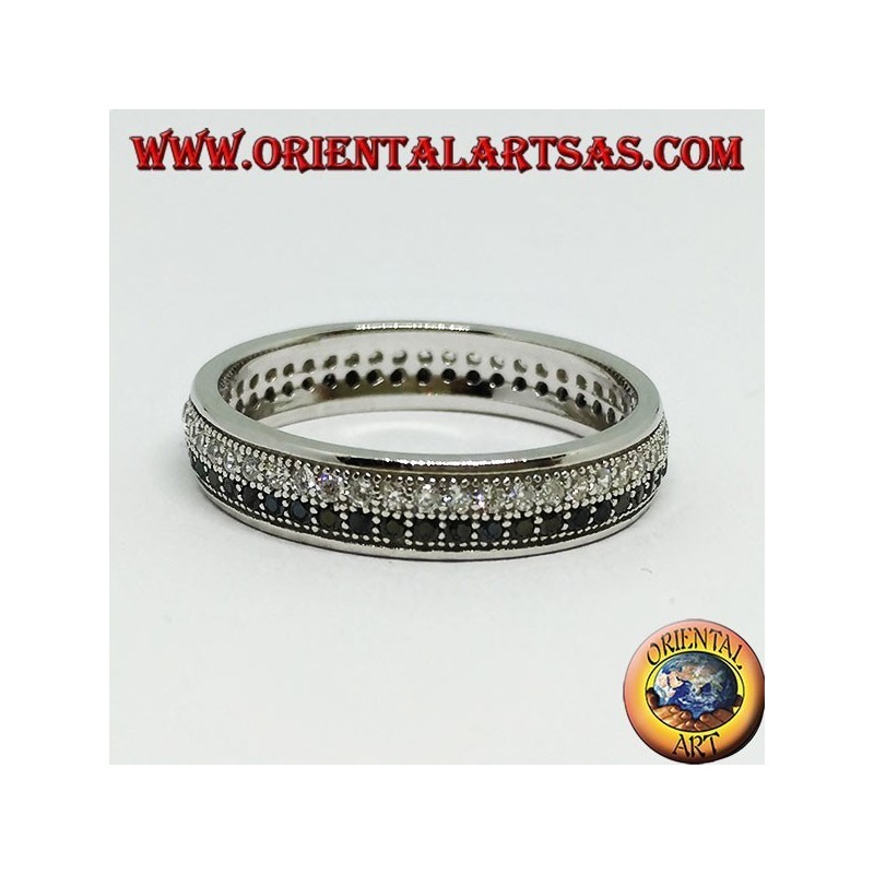 Ring aus Silber mit zwei Reihen Zirkonia, einer aus weißen Zirkonen und einer aus schwarzen Zirkonen