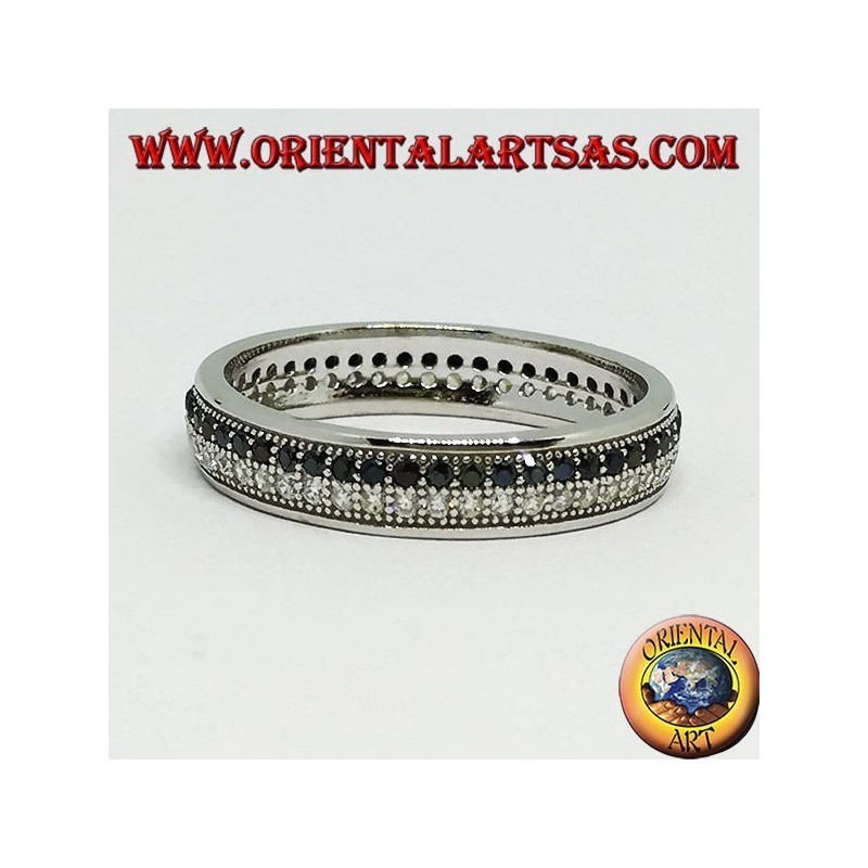 Ring in silver with two rows of cubic zirconia, one of white zircons and one of black zircons