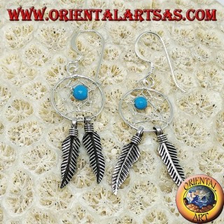 Silver earrings with little dream catcher with turquoise ball