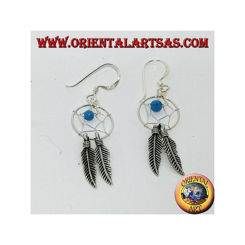 Pendientes de plata con atrapasueños con bola turquesa.