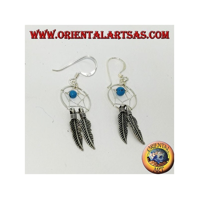 Pendientes de plata con atrapasueños con bola turquesa.