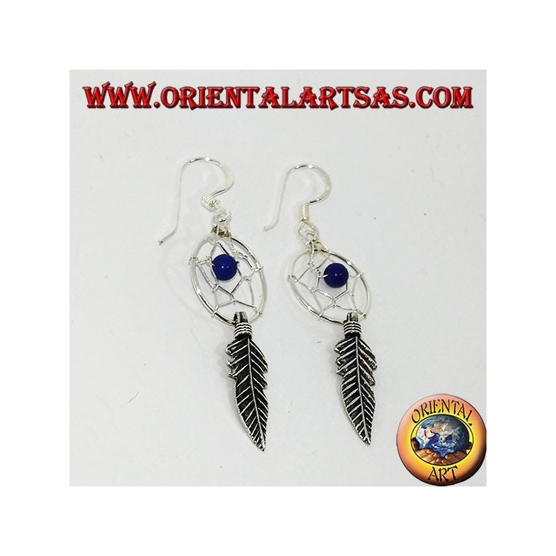 Boucles d'oreilles en argent petit capteur de rêves avec ballon de lapis lazuli