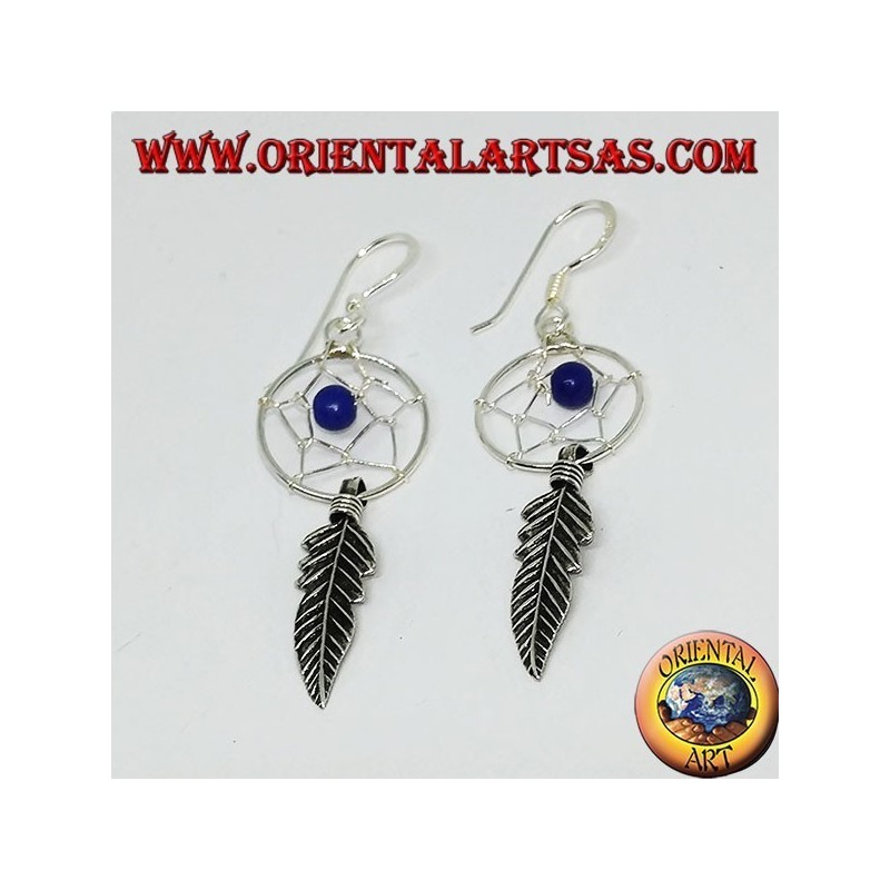 Earrings in silver little dream catcher with lapis lazuli ball