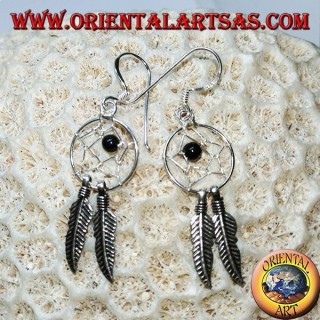 Silver earrings with little dream catcher with onyx ball