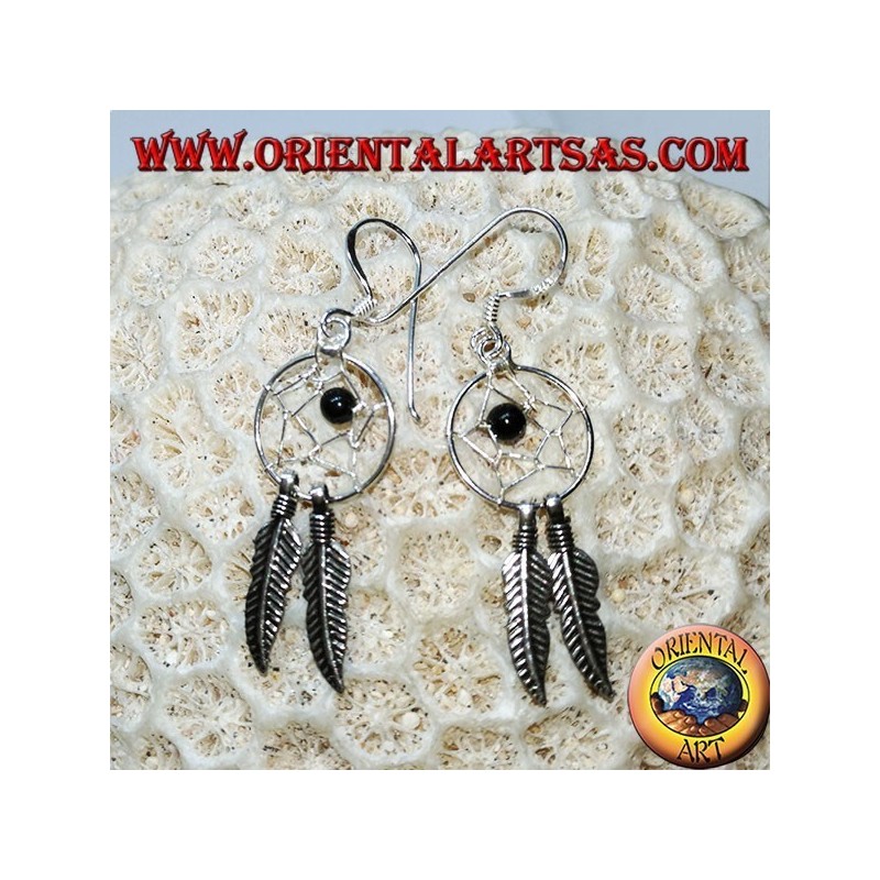 Boucles d'oreilles en argent avec petit capteur de rêves avec boule en onyx